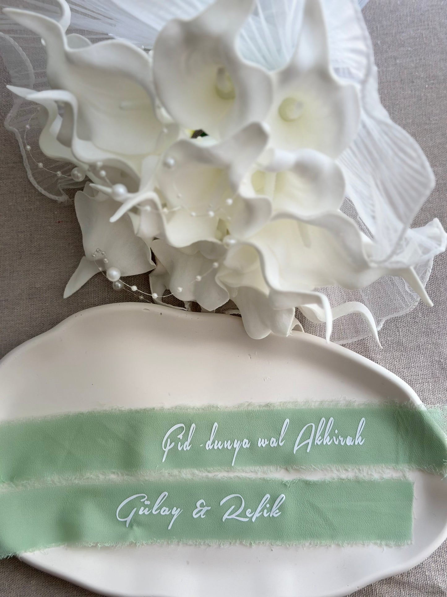 Gepersonaliseerd Chiffon Bouquetlint – Uniek Herinneringslint voor het Bruidsboeket